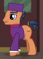 Size: 140x193 | Tagged: safe, screencap, earth pony, pony, stranger than fan fiction, background pony, bellhop, clothes, cropped, hat, male, solo, stallion, uniform, unnamed pony