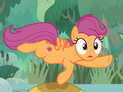 Size: 1010x755 | Tagged: safe, screencap, scootaloo, pegasus, pony, growing up is hard to do, cropped, cutie mark, female, mare, midair, older, older scootaloo, solo, the cmc's cutie marks, trip