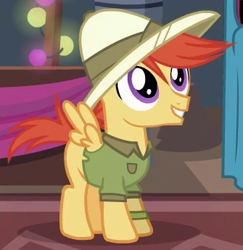 Size: 335x345 | Tagged: safe, screencap, shutterbug, pegasus, pony, stranger than fan fiction, background pony, clothes, colt, cropped, foal, hat, male, pith helmet, shirt, solo