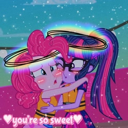Size: 1080x1080 | Tagged: safe, edit, edited screencap, screencap, pinkie pie, sci-twi, twilight sparkle, better together, equestria girls, spring breakdown, cropped, female, geode of telekinesis, lesbian, magical geodes, scitwinkie, shipping, twinkie
