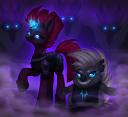 Size: 2500x2300 | Tagged: safe, artist:avrameow, grubber, tempest shadow, pony, unicorn, my little pony: the movie, armor, broken horn, duo, eye scar, female, glowing eyes, glowing horn, grin, hoof shoes, horn, looking at you, magic, mare, raised hoof, scar, smiling, sombra eyes, sparking horn, storm guard