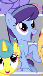 Size: 481x851 | Tagged: safe, screencap, lemon hearts, rain dancer, rainbowshine, pegasus, pony, unicorn, 2 4 6 greaaat, background pony, confetti, cropped, female, mare, open mouth, raised hoof, solo focus