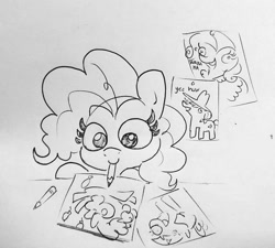 Size: 1479x1330 | Tagged: safe, artist:tjpones, derpibooru import, applejack, pinkie pie, rarity, twilight sparkle, earth pony, pony, unicorn, balloon, drawing, female, grayscale, mare, monochrome, mouth hold, pencil, pencil drawing, simple background, solo, traditional art, wahaha, yeehaw