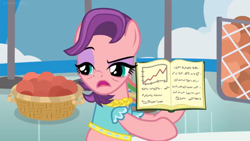 Size: 1600x900 | Tagged: safe, screencap, spoiled rich, earth pony, pony, a horse shoe-in, bags under eyes, ball, basket, book, clothes, eyeshadow, female, graph, makeup, mare, pointing, raised eyebrow, snobby, solo