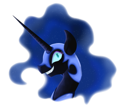 Size: 2237x1919 | Tagged: safe, artist:tonyseil, nightmare moon, pony, bust, crazy face, ethereal mane, faic, female, grin, helmet, horn, jewelry, long horn, looking at you, mare, regalia, sharp teeth, simple background, smiling, solo, starry mane, teeth, transparent background