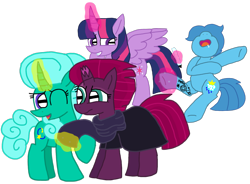 Size: 1372x1012 | Tagged: safe, artist:徐詩珮, fizzlepop berrytwist, glitter drops, spring rain, tempest shadow, twilight sparkle, twilight sparkle (alicorn), alicorn, pony, unicorn, series:sprglitemplight diary, broken horn, clothes, female, glitterlight, glittershadow, horn, lesbian, mare, polyamory, prank, shipping, simple background, sleeping, snoring, sprglitemplight, springdrops, springlight, springshadow, springshadowdrops, tempest shadow is not amused, tempestlight, transparent background, unamused