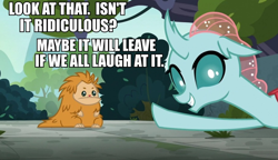 Size: 924x532 | Tagged: safe, edit, edited screencap, screencap, ocellus, pukwudgie, school daze, caption, image macro, impact font, looking at you, pointing, ponified meme, sam and max, talking to viewer, text