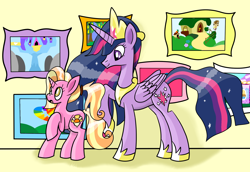 Size: 2000x1374 | Tagged: safe, artist:notadeliciouspotato, luster dawn, princess twilight 2.0, twilight sparkle, twilight sparkle (alicorn), alicorn, pony, unicorn, the last problem, art gallery, carousel boutique, crown, duo, female, fluttershy's cottage, hoof shoes, jewelry, mare, party cannon, peytral, picture frame, pictures, raised hoof, regalia, smiling, sonic rainboom, twilight's castle