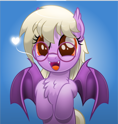 Size: 800x842 | Tagged: safe, artist:jhayarr23, oc, oc only, oc:pinkfull night, bat pony, pony, bat pony oc, bat wings, chest fluff, cute, ear fluff, fangs, female, glasses, gradient background, heart, ocbetes, open mouth, open smile, smiling, solo, spread wings, squee, teenager, wings