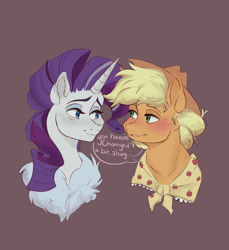 Size: 2048x2239 | Tagged: safe, artist:vantiss, derpibooru import, applejack, rarity, earth pony, pony, unicorn, the last problem, blushing, clothes, cowboy hat, duo, female, granny smith's scarf, hat, lesbian, looking at each other, older, older applejack, older rarity, purple background, rarijack, scarf, shipping, simple background, speech bubble