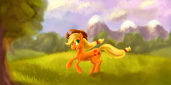 Size: 2732x1370 | Tagged: safe, artist:arurein, derpibooru import, applejack, earth pony, pony, cute, female, grass, jackabetes, looking back, mare, meadow, open mouth, running, solo