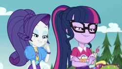 Size: 1280x720 | Tagged: safe, screencap, rarity, sci-twi, twilight sparkle, better together, choose your own ending, equestria girls, lost and pound, lost and pound: spike, bolero jacket, crossed arms, faic, female, geode of shielding, glasses, lidded eyes, magical geodes, ponytail, sci-twi is best facemaker, smug