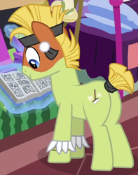 Size: 369x469 | Tagged: safe, screencap, earth pony, pony, stranger than fan fiction, background pony, cropped, face paint, male, plot, short tail, solo, stallion, tail wrap, unnamed pony