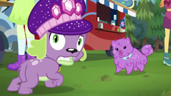 Size: 1280x720 | Tagged: safe, screencap, aqua blossom, orange sunrise, princess thunder guts, spike, spike the regular dog, dog, better together, choose your own ending, equestria girls, lost and pound, lost and pound: spike, paws, spike's festival hat