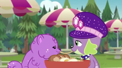 Size: 1280x720 | Tagged: safe, screencap, princess thunder guts, spike, spike the regular dog, dog, better together, choose your own ending, equestria girls, lost and pound, lost and pound: spike, cute, female, lady and the tramp, male, romance, spike's dog collar, spike's festival hat