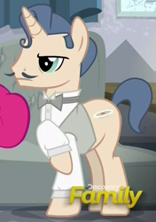 Size: 374x530 | Tagged: safe, screencap, pony, unicorn, spice up your life, background pony, bowtie, clothes, cropped, discovery family logo, facial hair, male, moustache, raised hoof, shirt, solo focus, stallion, unnamed pony, waiter