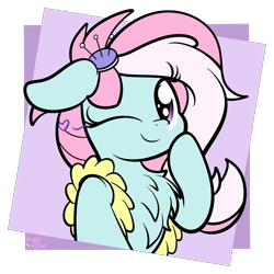 Size: 1386x1386 | Tagged: safe, artist:kimjoman, kerfuffle, pony, rainbow roadtrip, chest fluff, clothes, cute, female, fufflebetes, heart, looking at you, one eye closed, pincushion, simple background, smiling, solo, transparent background, wink