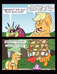 Size: 4422x5686 | Tagged: safe, artist:bobthedalek, derpibooru import, applejack, bright mac, granny smith, pear butter, earth pony, pony, going to seed, 2 panel comic, applejack is not amused, comic, dialogue, female, filly, filly applejack, foal, male, mare, nervous grin, net, speech bubble, stallion, sweat, sweatdrop, teapot, trap (device), unamused, younger