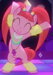 Size: 464x652 | Tagged: safe, screencap, pacific glow, earth pony, pony, the saddle row review, bipedal, cute, dancing, eyes closed, female, glowbetes, glowing necklace, leg warmers, mare, pacifier, pigtails, smiling, twintails