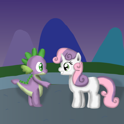 Size: 3092x3092 | Tagged: safe, artist:platinumdrop, spike, sweetie belle, dragon, pony, unicorn, duo, male