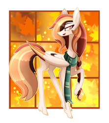 Size: 1872x2105 | Tagged: safe, artist:sugaryicecreammlp, oc, oc:autumn wish, pegasus, pony, clothes, colored wings, female, leaves, mare, multicolored wings, scarf, solo, wings