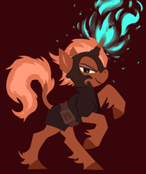 Size: 2100x2500 | Tagged: safe, artist:mazzianz, oc, oc only, pony, unicorn, alternate universe, belt, clothes, glowing horn, helmet, horn, knight, leonine tail, looking at you, mage, profile, rearing, red background, simple background, smiling, smirk, solo, unshorn fetlocks