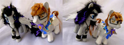 Size: 737x270 | Tagged: safe, artist:lightningsilver-mana, oc, oc only, oc:azul thunder, oc:shield wing, pegasus, pony, commissions open, craft, custom, doll, figure, figurine, fur, irl, leather, oc couple, paint, painted, photo, toy