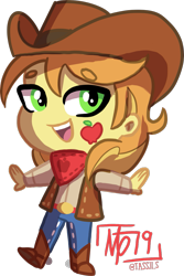 Size: 877x1311 | Tagged: safe, artist:tassji-s, braeburn, human, equestria girls, apple, chibi, cowboy, equestria girls-ified, food, male, simple background, solo, transparent background