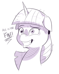 Size: 1038x1299 | Tagged: safe, artist:saturdaymorningproj, twilight sparkle, pony, grin, monochrome, nervous, nervous grin, simple background, smiling, solo, twilighting, white background