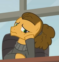 Size: 879x937 | Tagged: safe, screencap, cheese sandwich, earth pony, pony, the last laugh, bored, clothes, male, man bun, office, ponytail, sweater