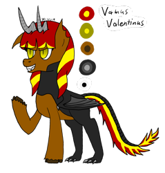 Size: 766x802 | Tagged: safe, artist:megabyte1835, oc, oc only, oc:vamus valentinus, kirin, cloven hooves, dragon tail, edgy, edgy as fuck, redesign, reference sheet, simple background, transparent background, wings