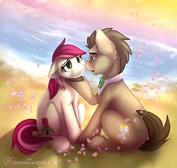 Size: 918x870 | Tagged: safe, artist:shemalioness, doctor whooves, roseluck, earth pony, pony, bowtie, cute, doctorrose, eye contact, female, looking at each other, male, mare, ocean, petals, shipping, sitting, stallion, straight