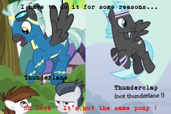 Size: 2048x1365 | Tagged: safe, edit, edited screencap, screencap, pipsqueak, rumble, thunderlane, pegasus, pony, it ain't easy being breezies, marks and recreation, caption, clothes, comparison, image macro, not thunderlane, text, thunderclap, uniform, wonderbolts uniform