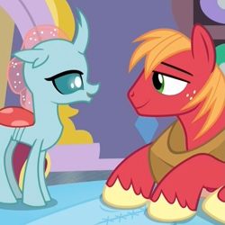 Size: 901x901 | Tagged: safe, screencap, big macintosh, ocellus, changedling, changeling, earth pony, pony, a horse shoe-in, cropped, eye contact, female, lidded eyes, looking at each other, lying down, male, out of context, stallion, student and teacher, teenager