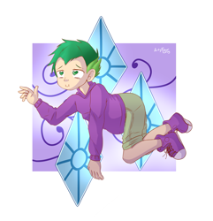 Size: 2479x2571 | Tagged: safe, artist:artyfour, spike, human, child, clothes, converse, cutie mark, floating, full body, green eyes, green hair, human spike, humanized, implied rarity, implied shipping, implied sparity, implied straight, male, shirt, shoes, shorts, sneakers, solo