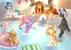 Size: 3480x2448 | Tagged: safe, artist:shadow-nights, oc, oc only, oc:aerye, oc:amethyst gleam, oc:bubble lee, oc:honeypot meadow, oc:olive branch, oc:sunstone smile, deer, deer pony, earth pony, original species, unicorn, commission, digital art, drink, female, food, gift art, popsicle, prone, relaxing, smiling, swimming pool, ych result