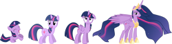 Size: 3000x775 | Tagged: safe, artist:crystalmagic6, artist:mamandil, artist:shadowdark3, artist:shelltoon, princess twilight 2.0, twilight sparkle, twilight sparkle (alicorn), unicorn twilight, alicorn, pony, unicorn, princess twilight sparkle (episode), the last problem, .svg available, absurd resolution, age progression, blank flank, crown, cute, cutie mark, ethereal mane, eyes closed, female, filly, filly twilight sparkle, floppy ears, happy, high res, hoof shoes, hoofy-kicks, jewelry, lidded eyes, long neck, looking at you, looking back, looking up, mare, older, older twilight, open mouth, peytral, raised eyebrow, rearing, regalia, simple background, smiling, spread wings, starry mane, tiara, transparent background, twiabetes, updated, vector, wings, younger