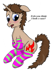 Size: 513x742 | Tagged: safe, artist:powerlessblade, oc, oc only, pony, blushing, clothes, cute, floppy ears, simple background, socks, solo, striped socks, transparent background