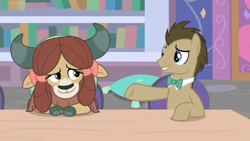 Size: 1600x900 | Tagged: safe, screencap, doctor whooves, yona, earth pony, pony, yak, a horse shoe-in, book, bookshelf, bow, bowtie, cloven hooves, conference, cushion, female, hair bow, library, male, monkey swings, stallion, table, teenager