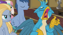 Size: 1271x710 | Tagged: safe, screencap, berryshine, cherry berry, cloud kicker, gallus, golden harvest, parasol, shoeshine, sprinkle medley, twinkleshine, earth pony, griffon, pony, unicorn, annoyed, bored, brat, chest feathers, claws, disrespectful, eyes closed, female, friendship student, glare, head feathers, male, mare, obnoxious, raised eyebrow, rio, sin of pride, spread wings, talons, teenager, unamused, yawn, young mare