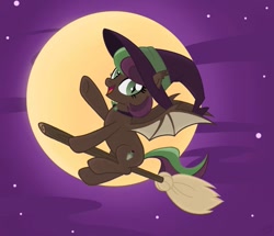 Size: 963x830 | Tagged: safe, artist:pgthehomicidalmaniac, oc, oc only, oc:potion bottle, bat pony, pony, broom, female, flying, flying broomstick, hat, mare, moon, night, solo, witch hat