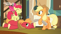 Size: 1920x1080 | Tagged: safe, derpibooru import, screencap, apple bloom, applejack, big macintosh, earth pony, pony, going to seed, :-s, adorabloom, apple siblings, cute, discovery family logo, excited, eyes closed, female, filly, foal, frown, hoof hold, lying down, male, mare, messy mane, smiling, stallion, tired, trio, trotting, trotting in place
