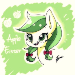 Size: 630x630 | Tagged: safe, artist:zoomiso, apple fritter, earth pony, pony, apple, apple family member, bow, bust, cute, female, food, fritterbetes, hair bow, mare, open mouth, portrait, solo