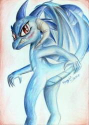 Size: 1659x2334 | Tagged: safe, artist:3500joel, princess ember, dragon, angry, blushing, butt, female, looking at you, solo, traditional art