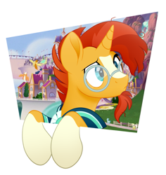 Size: 945x1000 | Tagged: safe, artist:ryuyo, sunburst, pony, unicorn, cape, clothes, frame, glasses, leaning on the fourth wall, male, movie accurate, solo, stallion