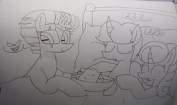 Size: 4849x2886 | Tagged: safe, artist:徐詩珮, fizzlepop berrytwist, glitter drops, spring rain, tempest shadow, pony, unicorn, broken horn, female, glittershadow, horn, lesbian, lineart, mare, polyamory, prank, shipping, sleeping, springdrops, springshadow, springshadowdrops, traditional art