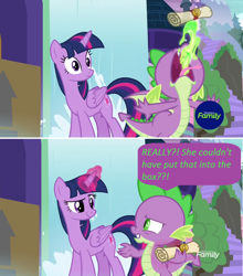 Size: 1360x1542 | Tagged: safe, edited screencap, screencap, spike, twilight sparkle, twilight sparkle (alicorn), alicorn, dragon, pony, the point of no return, burp, comic, dialogue, discovery family logo, dragon mail, dragonfire, female, fire, green fire, magic, magic aura, male, mare, screencap comic, scroll, waterfall, winged spike