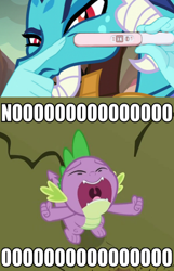 Size: 458x712 | Tagged: safe, edit, edited screencap, screencap, princess ember, spike, dragon, a dog and pony show, gauntlet of fire, big no, emberspike, female, fingers, hand, male, meme, pregnancy test, pregnancy test meme, screaming, shipping, spike's no, straight