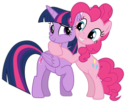 Size: 2437x1988 | Tagged: safe, artist:sonofaskywalker, derpibooru import, pinkie pie, twilight sparkle, twilight sparkle (alicorn), alicorn, earth pony, pony, the summer sun setback, cute, diapinkes, duo, female, folded wings, friends, grin, hug, looking at each other, mare, raised eyebrow, raised hoof, simple background, smiling, transparent background, twiabetes, vector