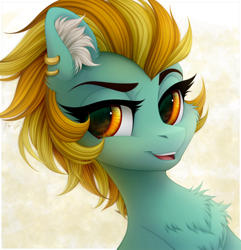 Size: 1630x1690 | Tagged: safe, artist:vird-gi, lightning dust, pegasus, pony, bust, chest fluff, ear fluff, ear piercing, female, lidded eyes, looking at you, mare, open mouth, piercing, smiling, solo